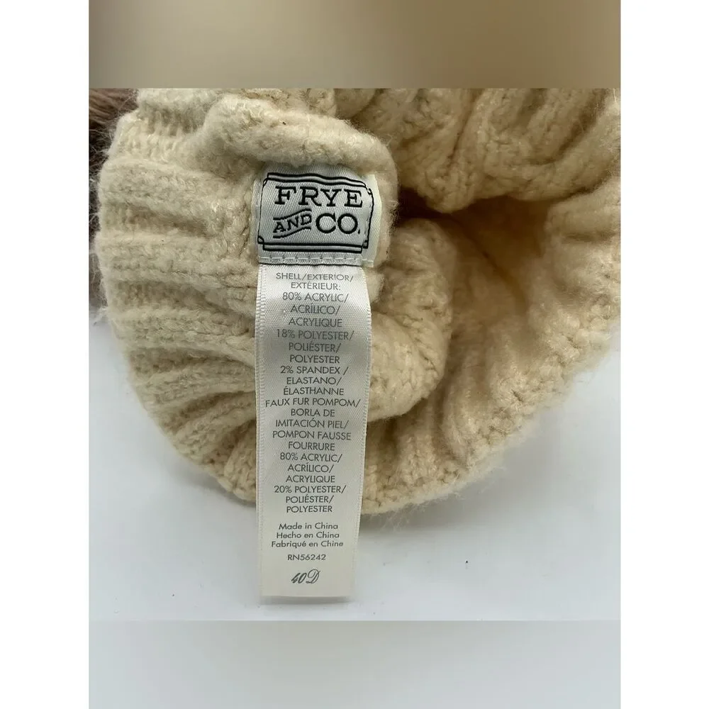 Frye and Co Cream Knit Pom-Pom Beanie and scarf set
